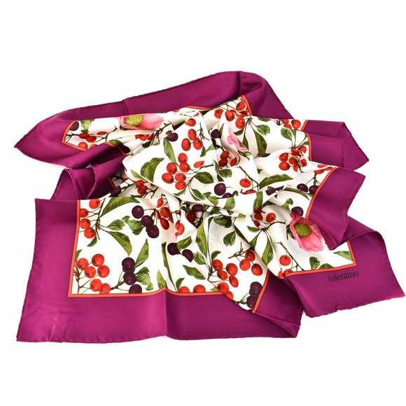 VALENTINO Multicolor Cherries & Logo Silk Scarf mo - Picture 1 of 9
